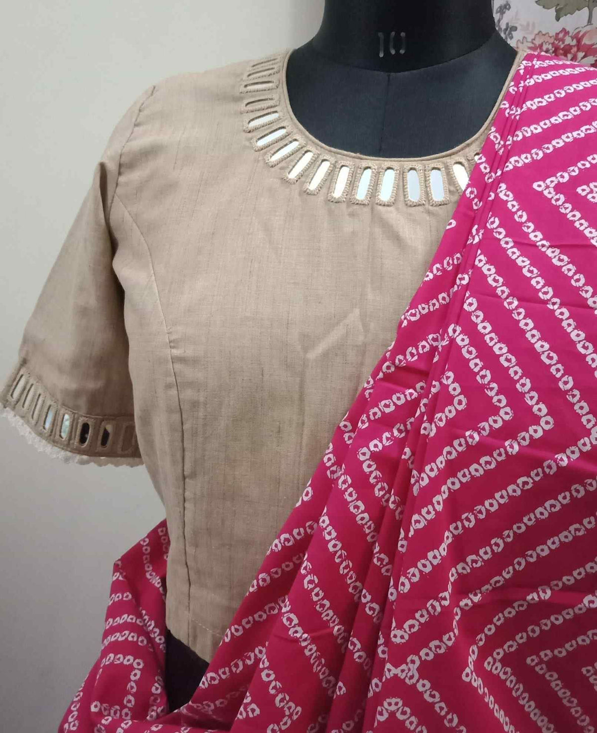 Beige Colour Khakhi Readymade Blouse with Mirror Work
