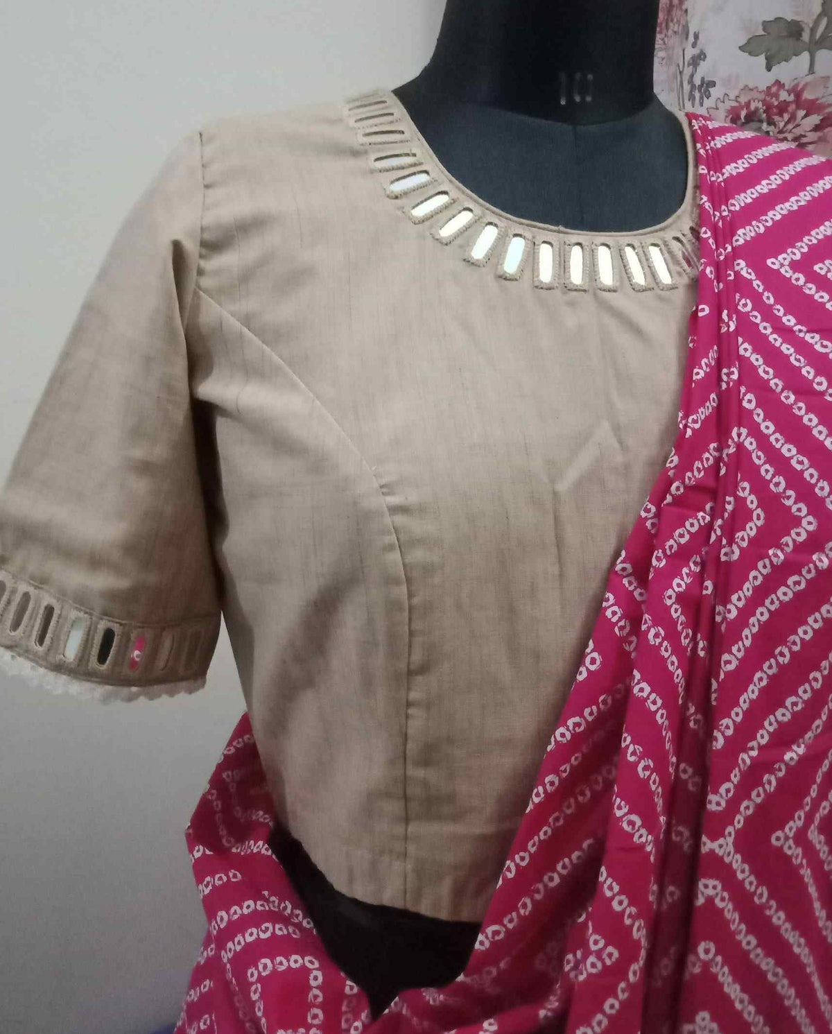 Beige Colour Khakhi Readymade Blouse with Mirror Work
