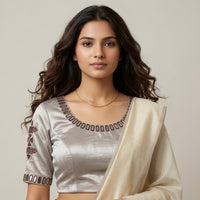 Beige Gaji Silk Readymade Blouse with Brown Mirror Work | Godhuli