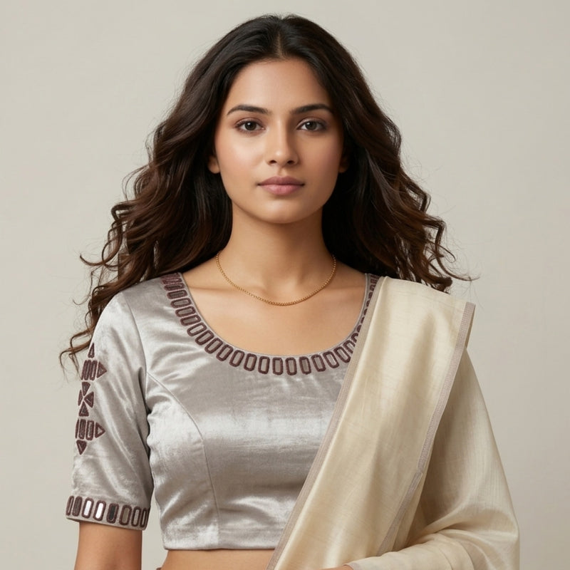 Beige Gaji Silk Readymade Blouse with Brown Mirror Work | Godhuli