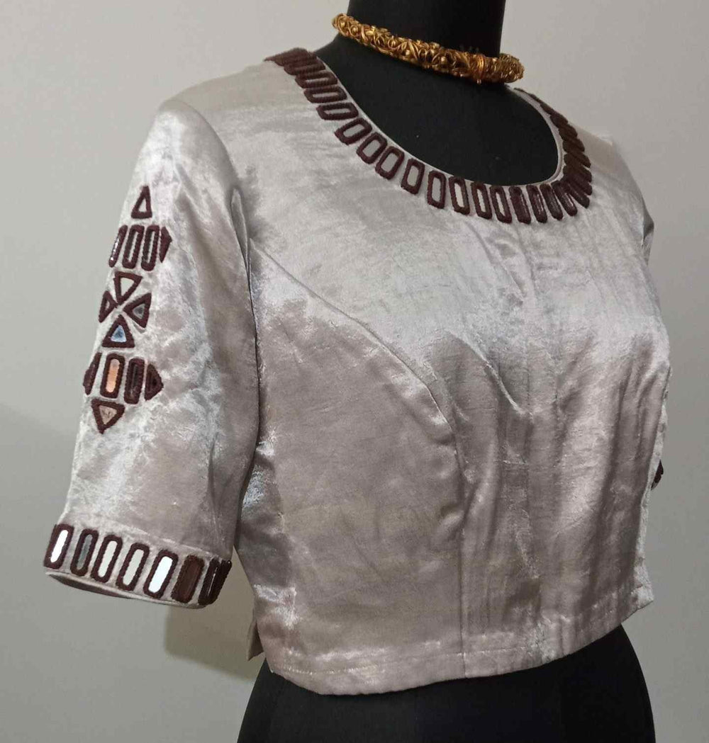 Beige Gaji Silk Readymade Blouse with Brown Mirror Work | Godhuli