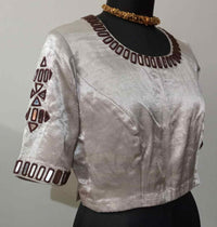 Beige Gaji Silk Readymade Blouse with Brown Mirror Work | Godhuli