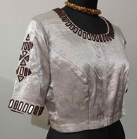 Beige Gaji Silk Readymade Blouse with Brown Mirror Work | Godhuli