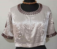 Beige Gaji Silk Readymade Blouse with Brown Mirror Work | Godhuli
