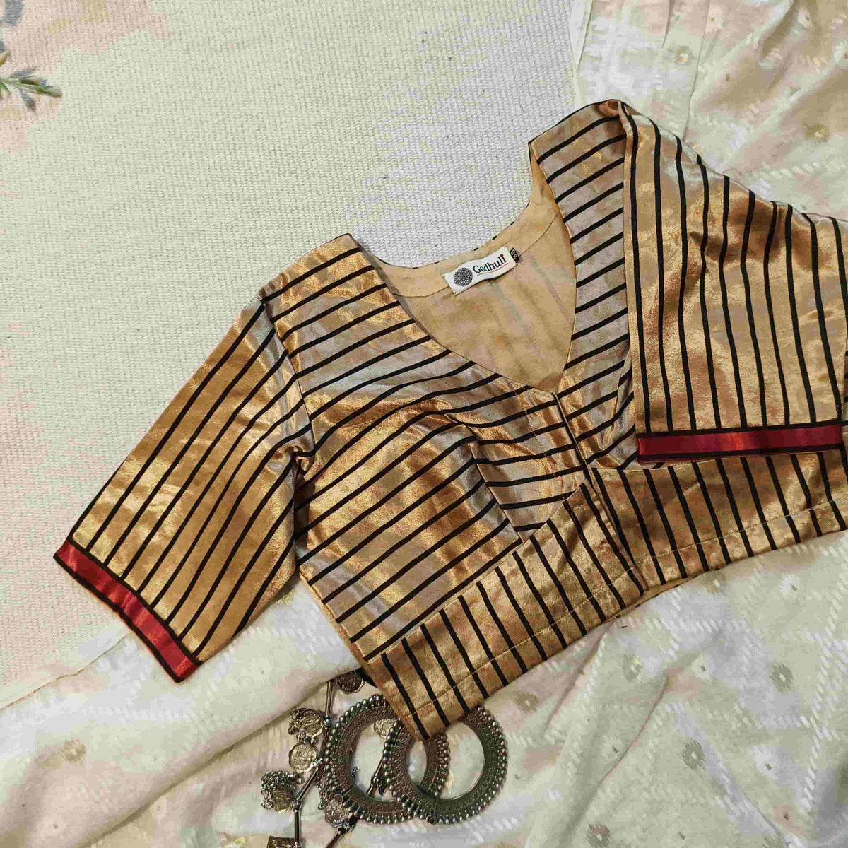 Beige Gaji Silk Stripes Readymade Blouse