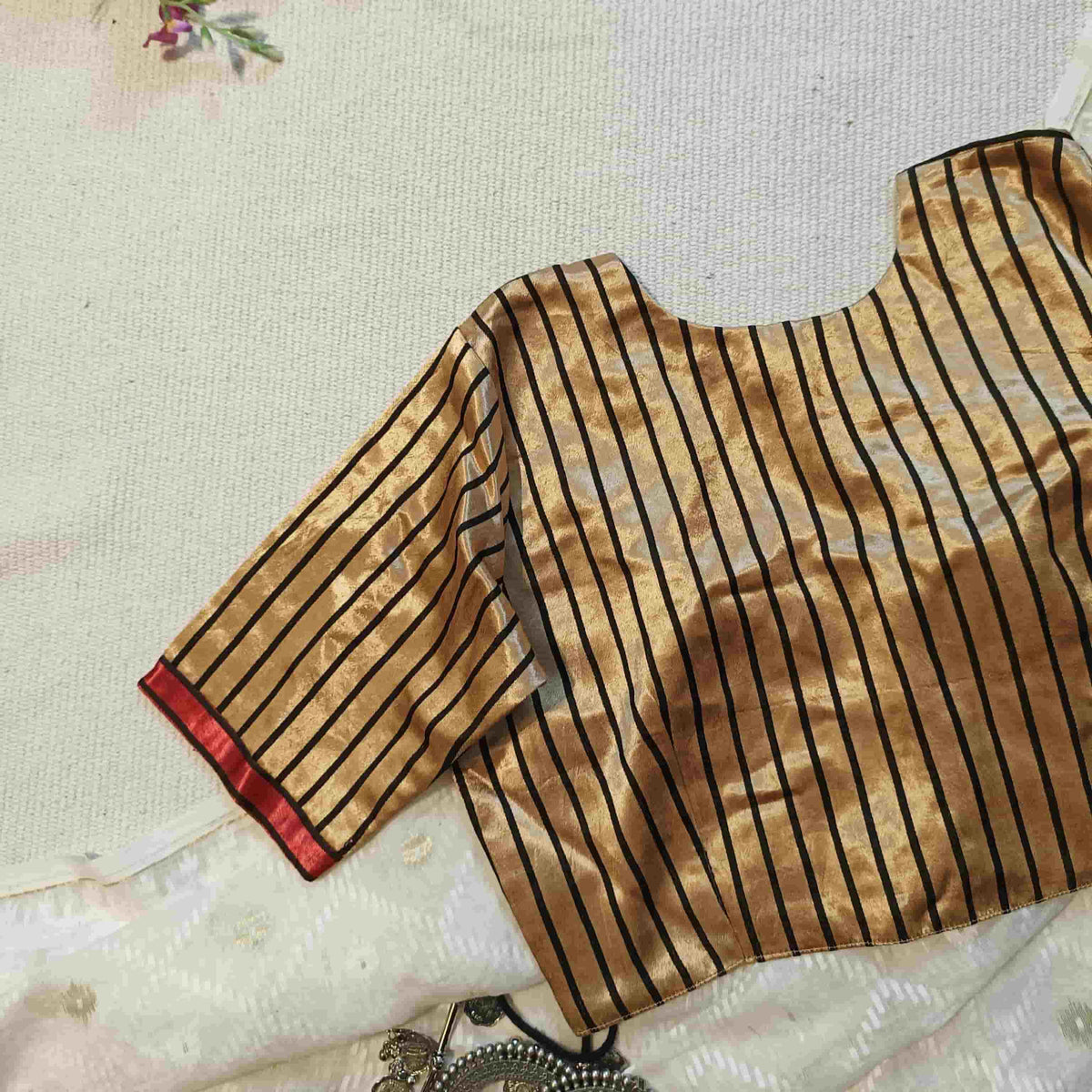 Beige Gaji Silk Stripes Readymade Blouse