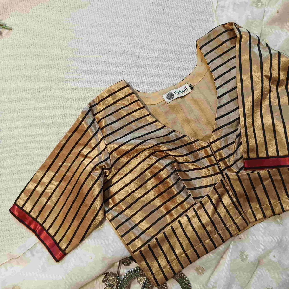 Beige Gaji Silk Stripes Readymade Blouse