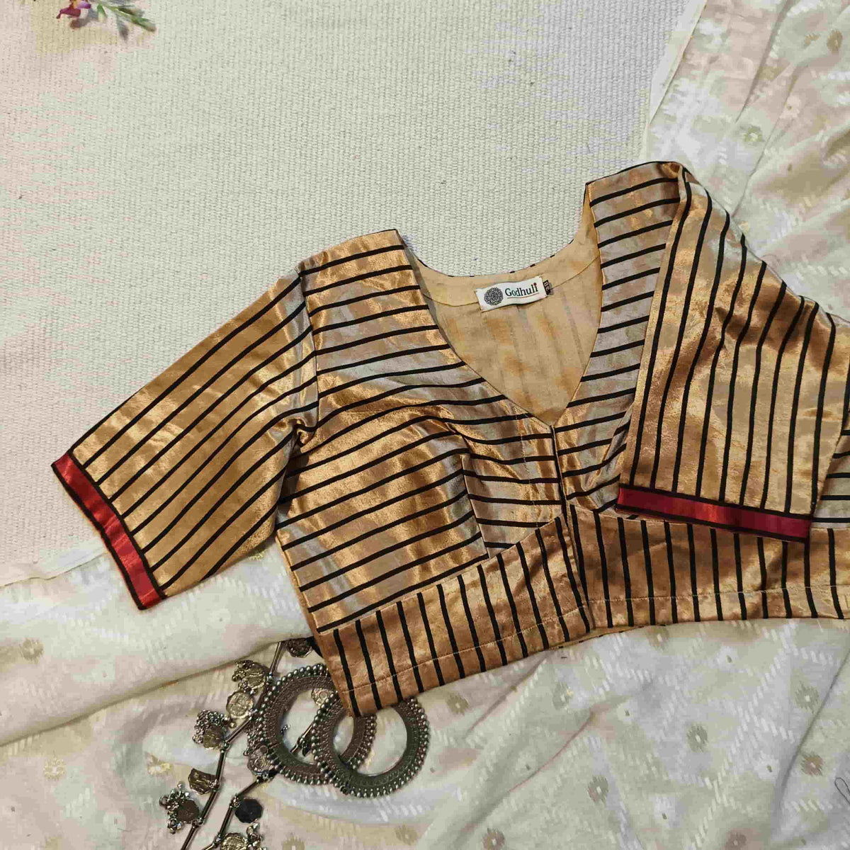 Beige Gaji Silk Stripes Readymade Blouse