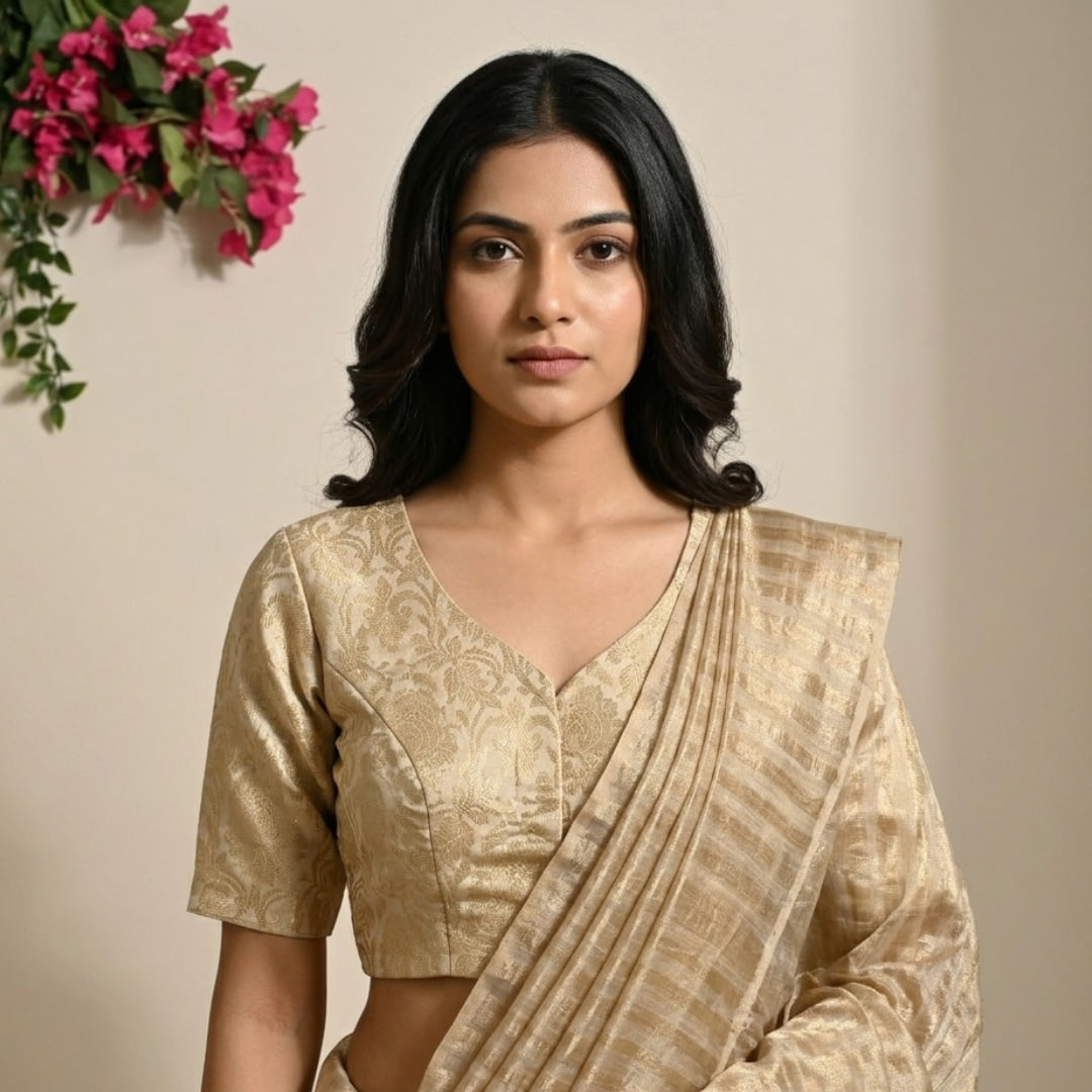 Beige Golden Big Motif Brocade Readymade Blouse