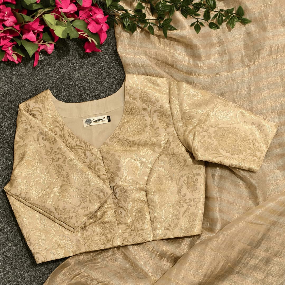 Beige Golden Big Motif Brocade Readymade Blouse