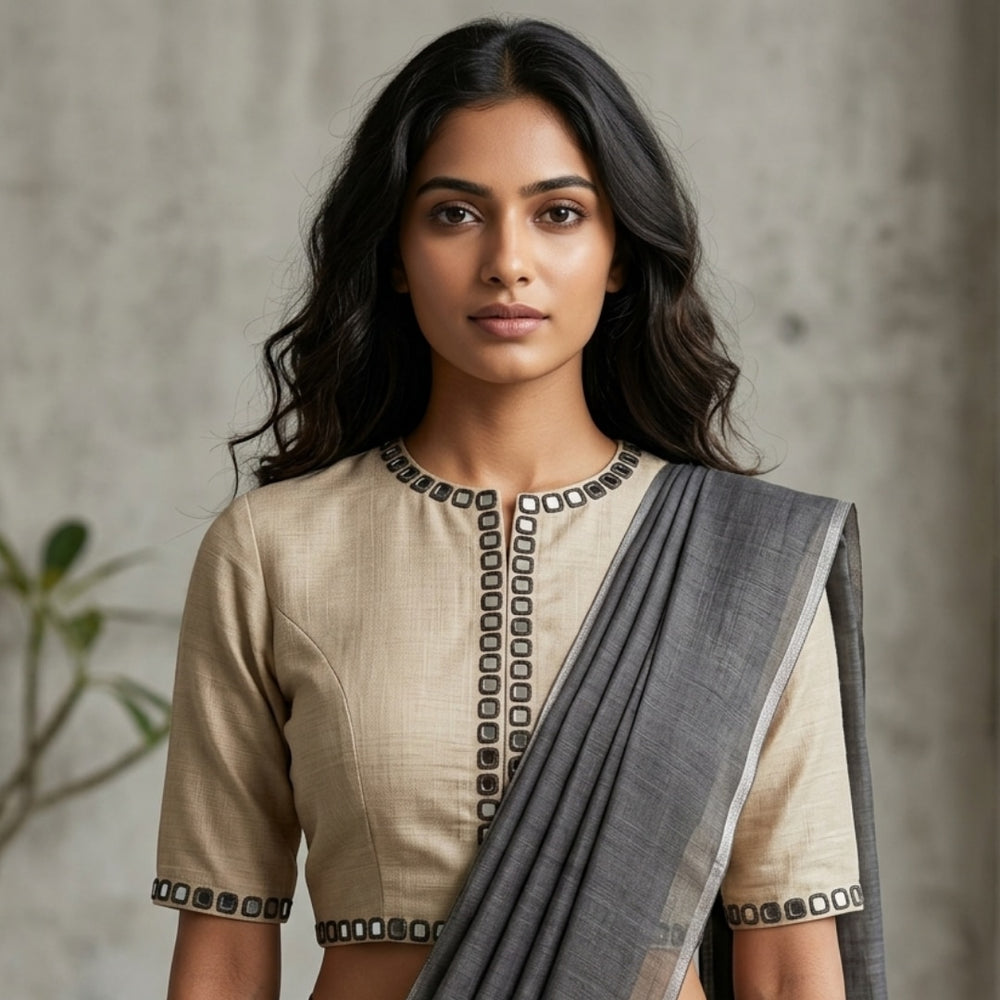 Beige Khakhi Mirror Work Readymade Blouse | Godhuli