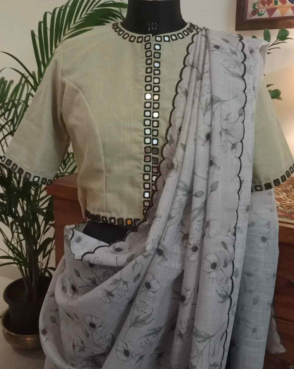 Beige Khakhi Mirror Work Readymade Blouse | Godhuli