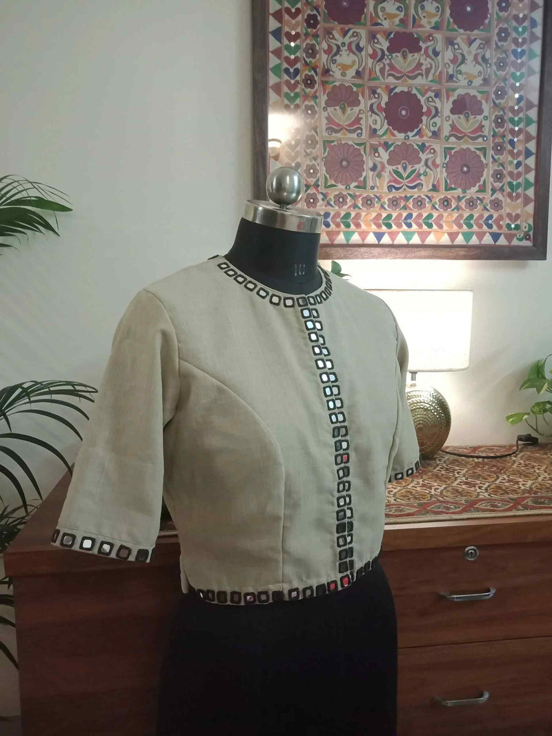 Beige Khakhi Mirror Work Readymade Blouse | Godhuli