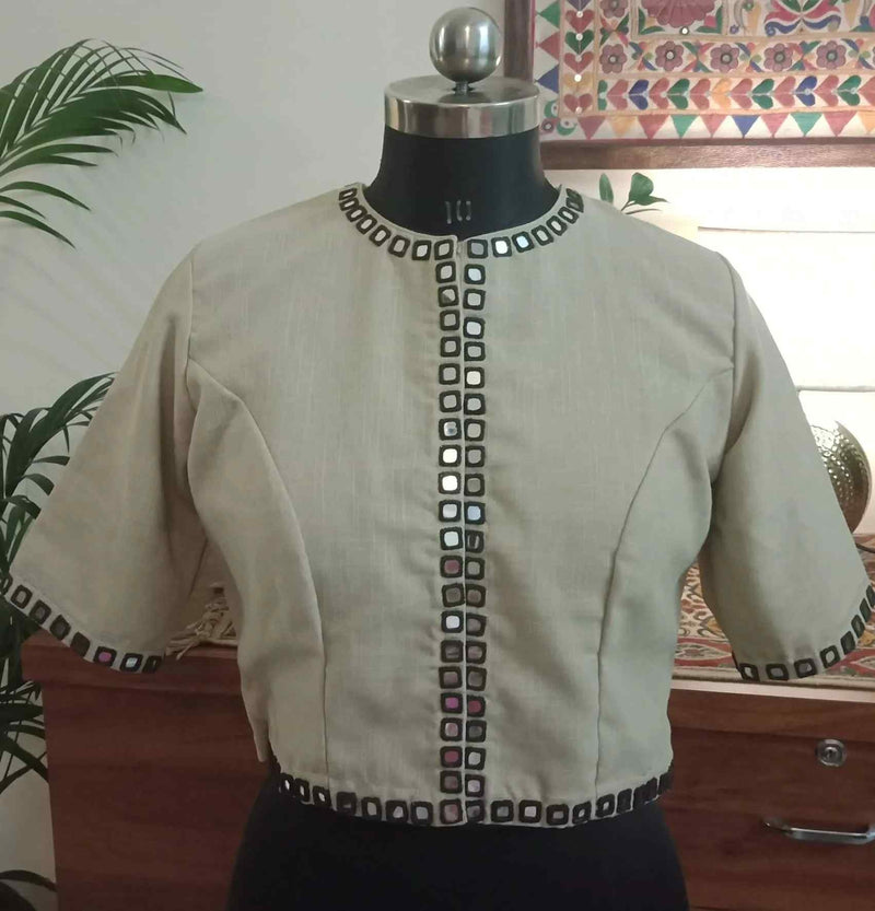 Beige Khakhi Mirror Work Readymade Blouse | Godhuli