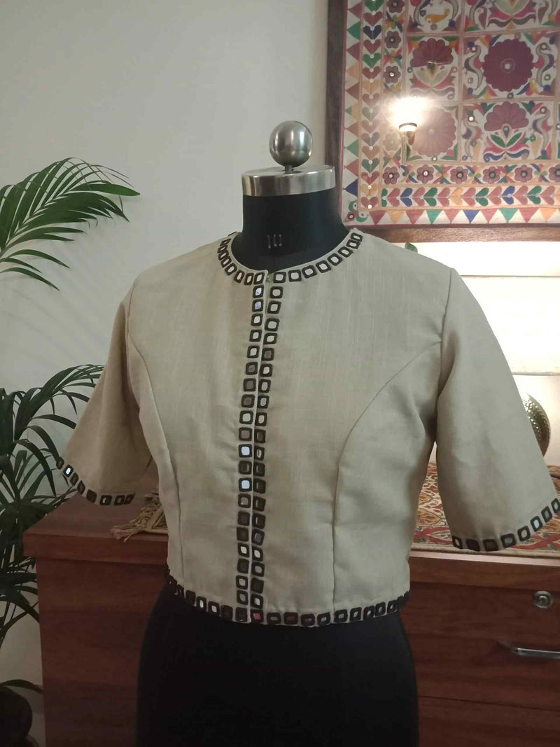 Beige Khakhi Mirror Work Readymade Blouse | Godhuli