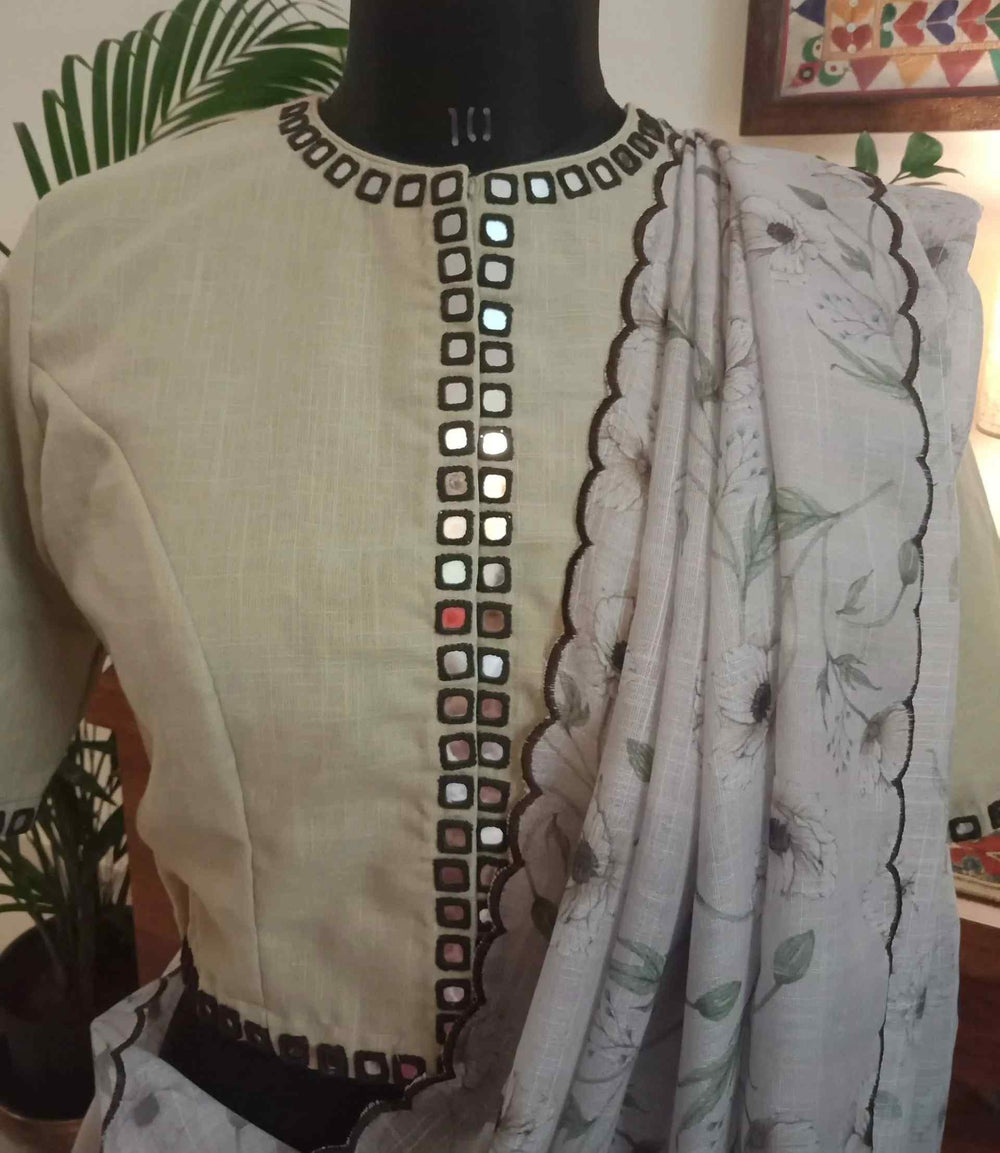 Beige Khakhi Mirror Work Readymade Blouse | Godhuli