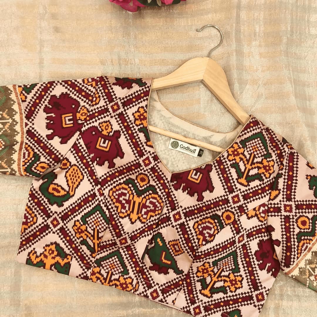 Beige Maroon Nari Kunjar Patola Design Readymade Blouse