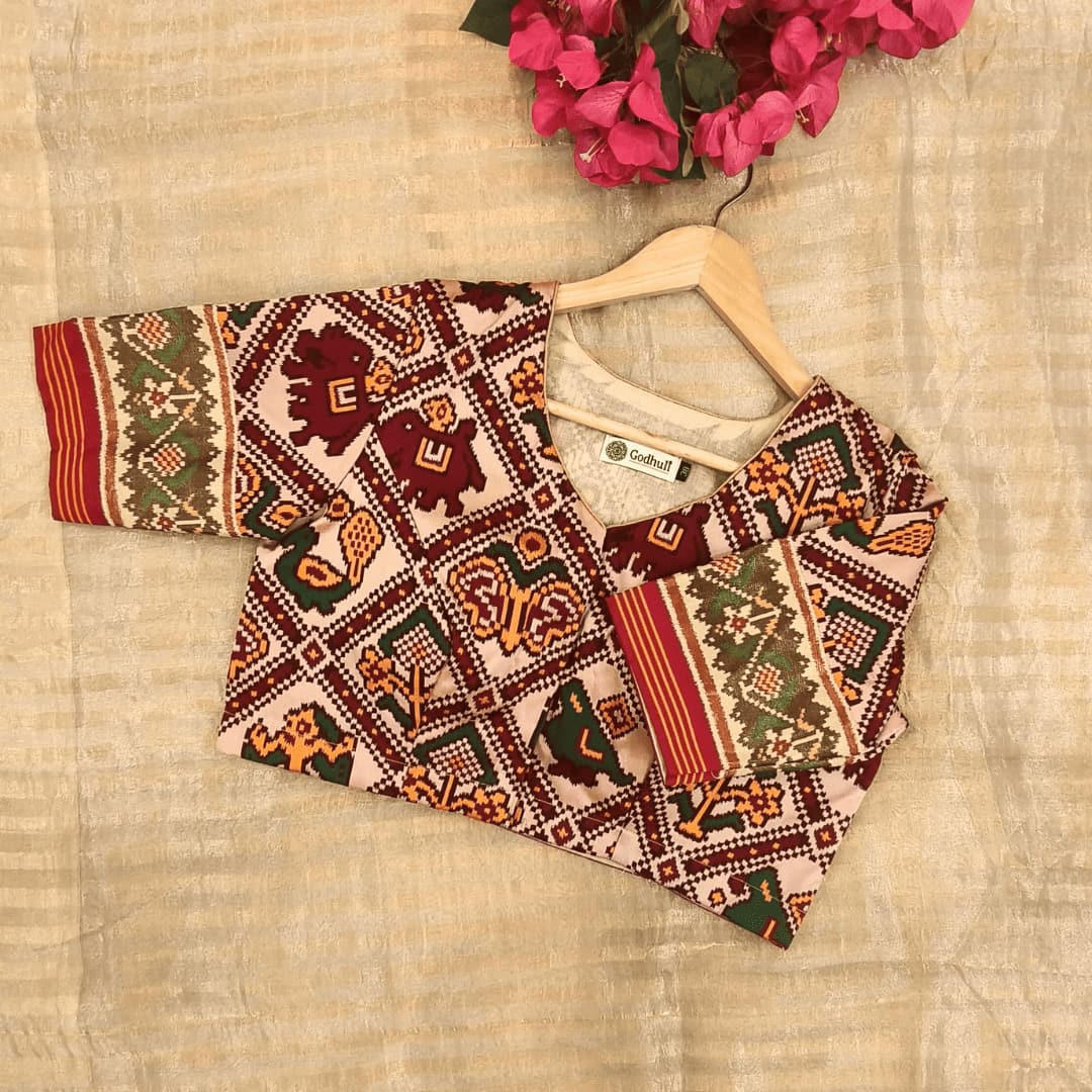 Beige Maroon Nari Kunjar Patola Design Readymade Blouse