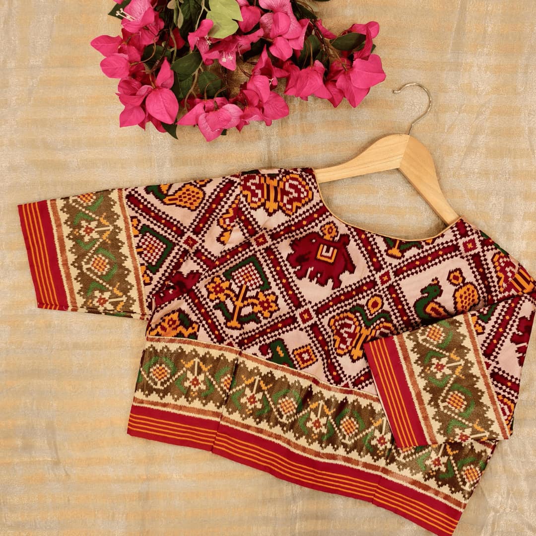 Beige Maroon Nari Kunjar Patola Design Readymade Blouse