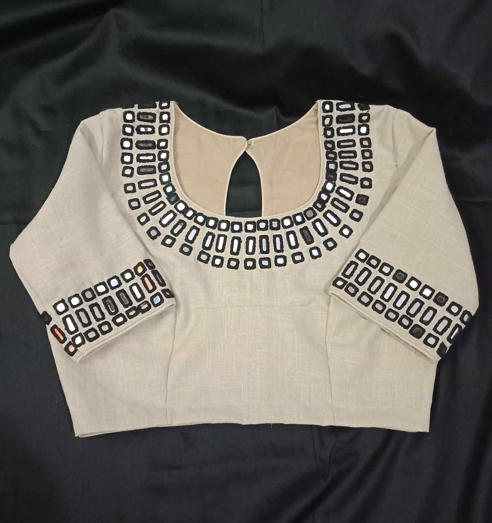 Beige Readymade Blouse with Black Handcrafted Mirrorwork