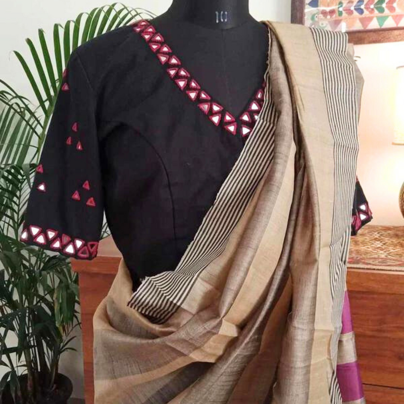 Black Readymade Blouse with Red Mirrorwork | Godhuli