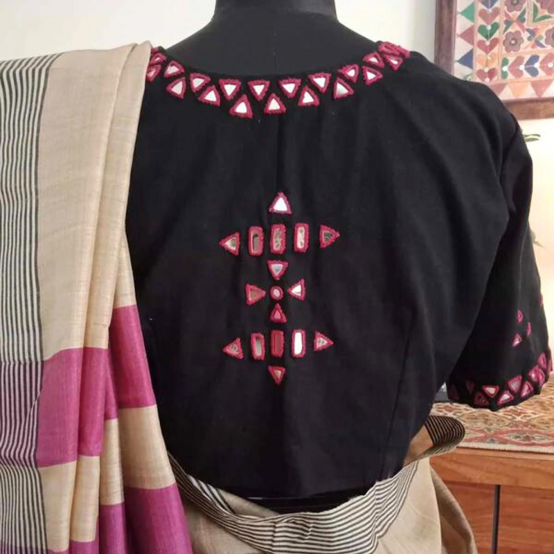 Black Readymade Blouse with Red Mirrorwork | Godhuli