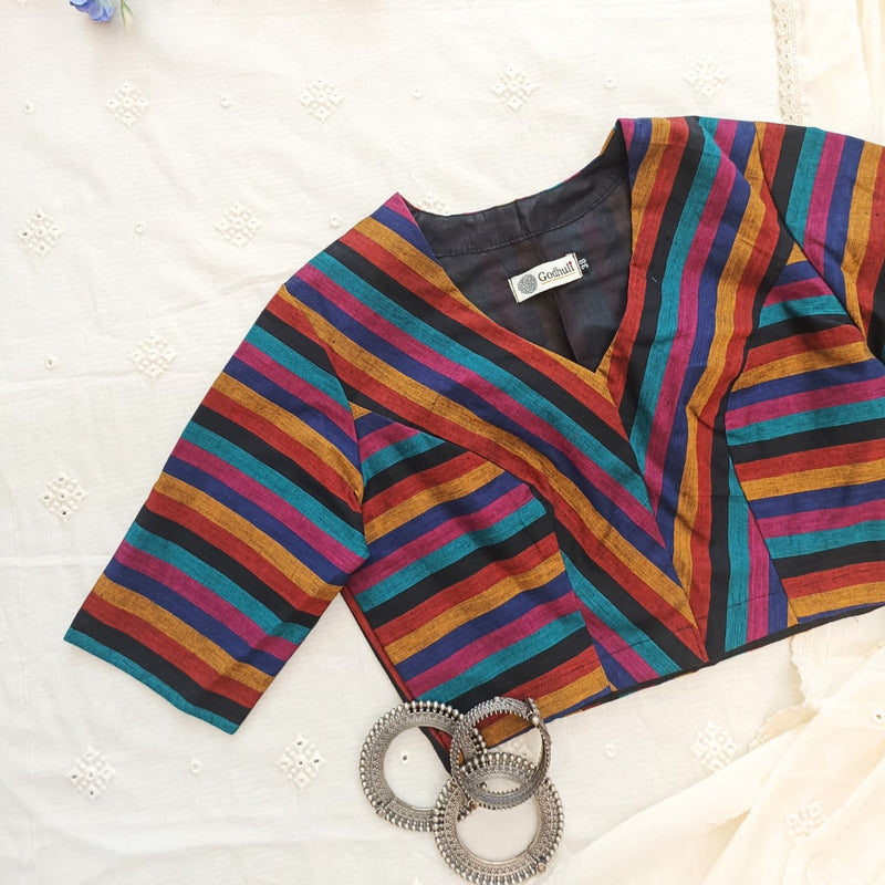 Black Blue Stripes Readymade Blouse | Godhuli