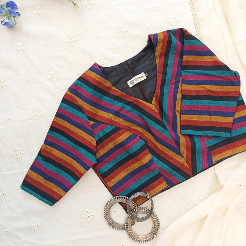 Black Blue Stripes Readymade Blouse | Godhuli