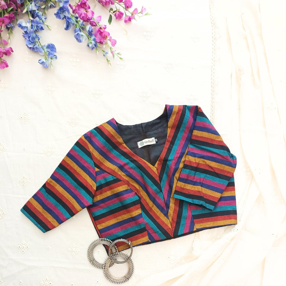 Black Blue Stripes Readymade Blouse | Godhuli