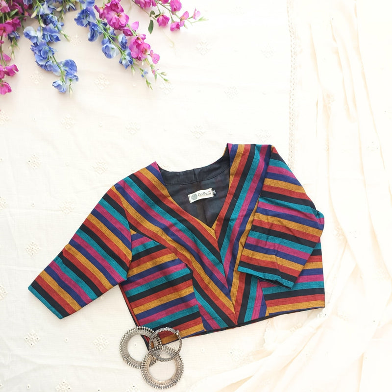 Black Blue Stripes Readymade Blouse | Godhuli