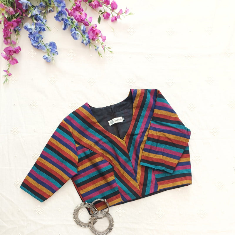 Black Blue Stripes Readymade Blouse | Godhuli