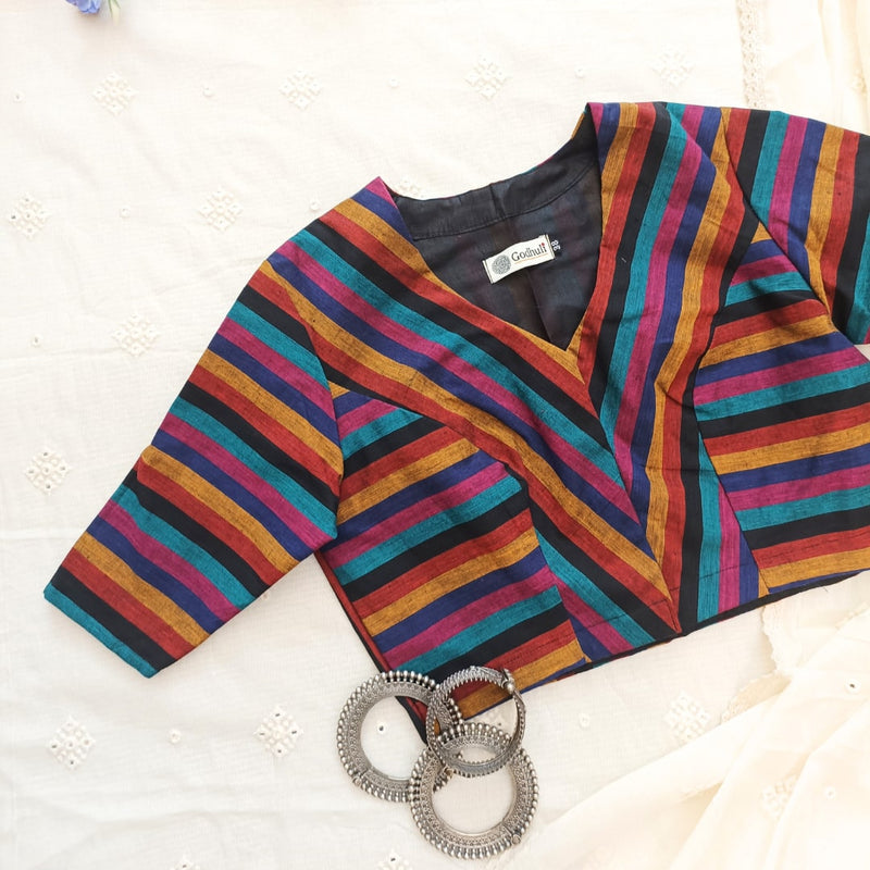 Black Blue Stripes Readymade Blouse | Godhuli