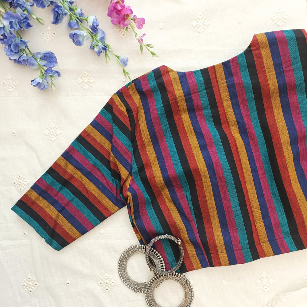 Black Blue Stripes Readymade Blouse | Godhuli