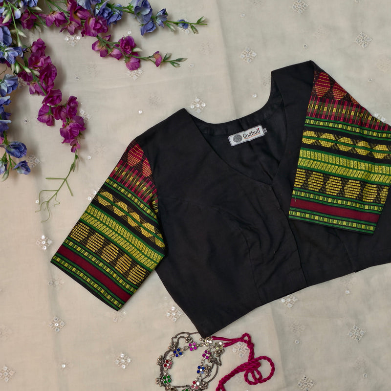 Black Colour Readymade Blouse with Jacquard Sleeves| Godhuli