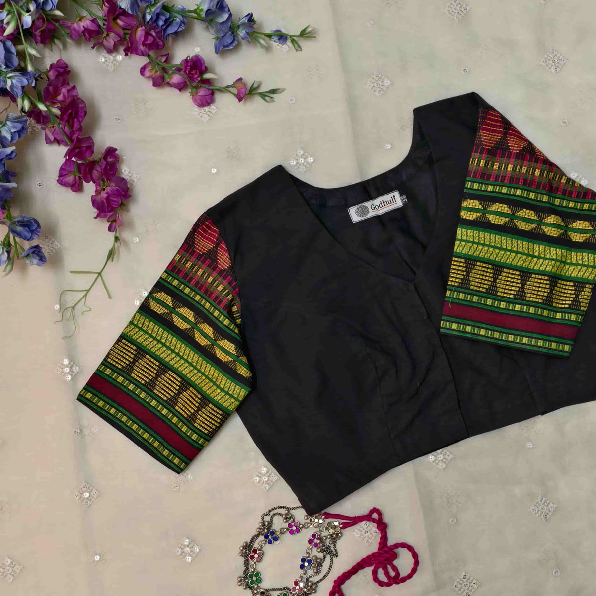 Black Colour Readymade Blouse with Jacquard Sleeves