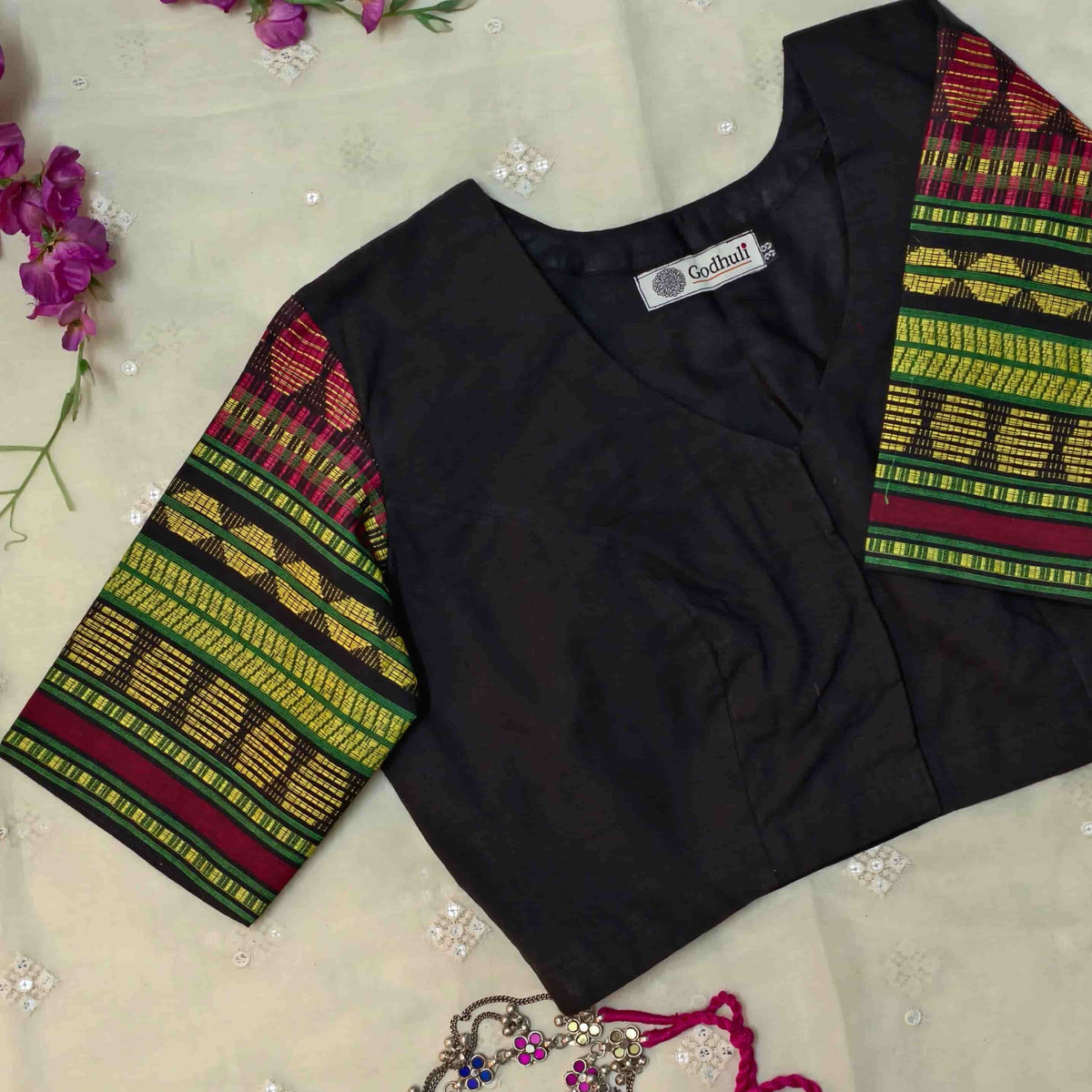 Black Colour Readymade Blouse with Jacquard Sleeves