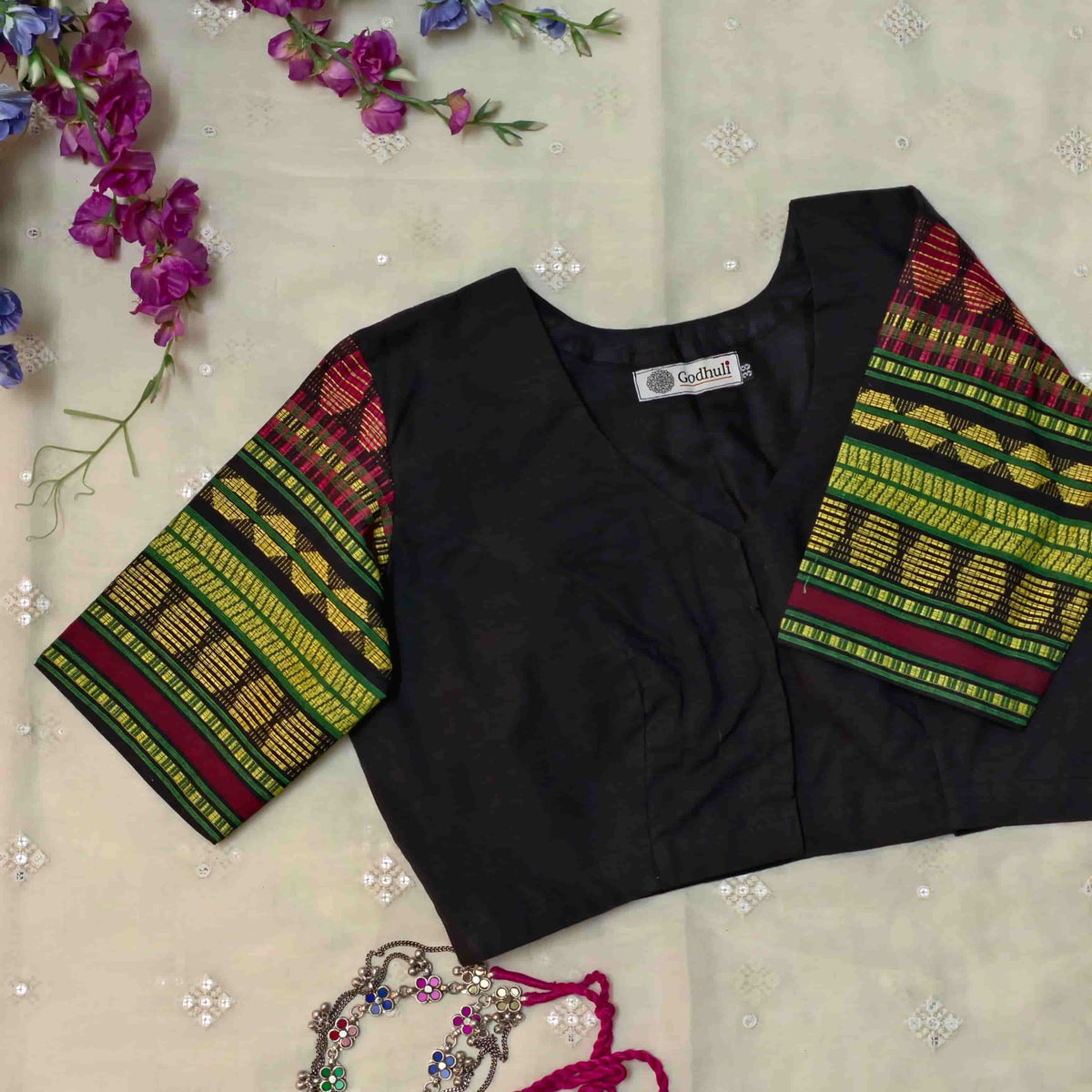 Black Colour Readymade Blouse with Jacquard Sleeves