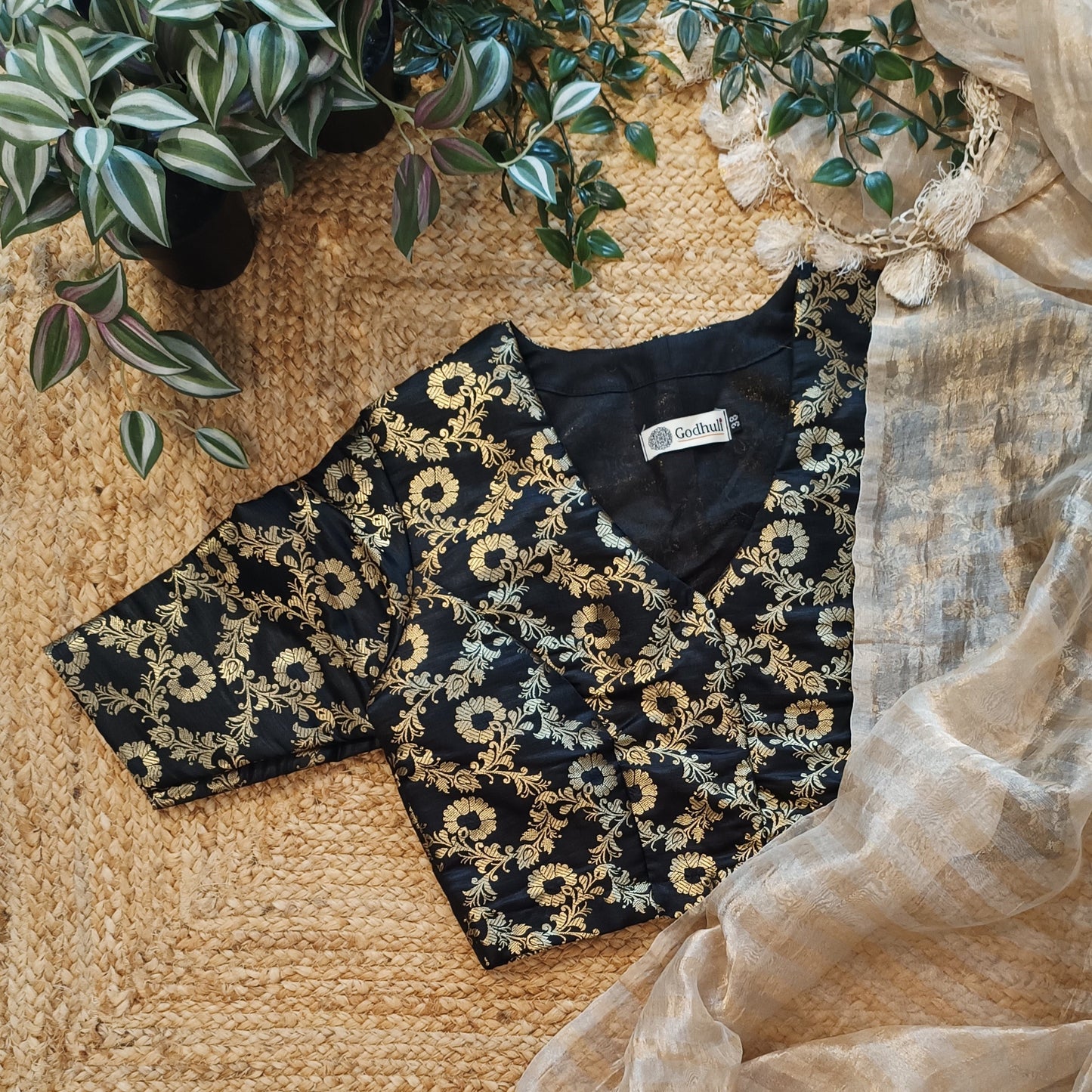 Black Floral Jaal Kimkhab Banarasi Brocade Blouse