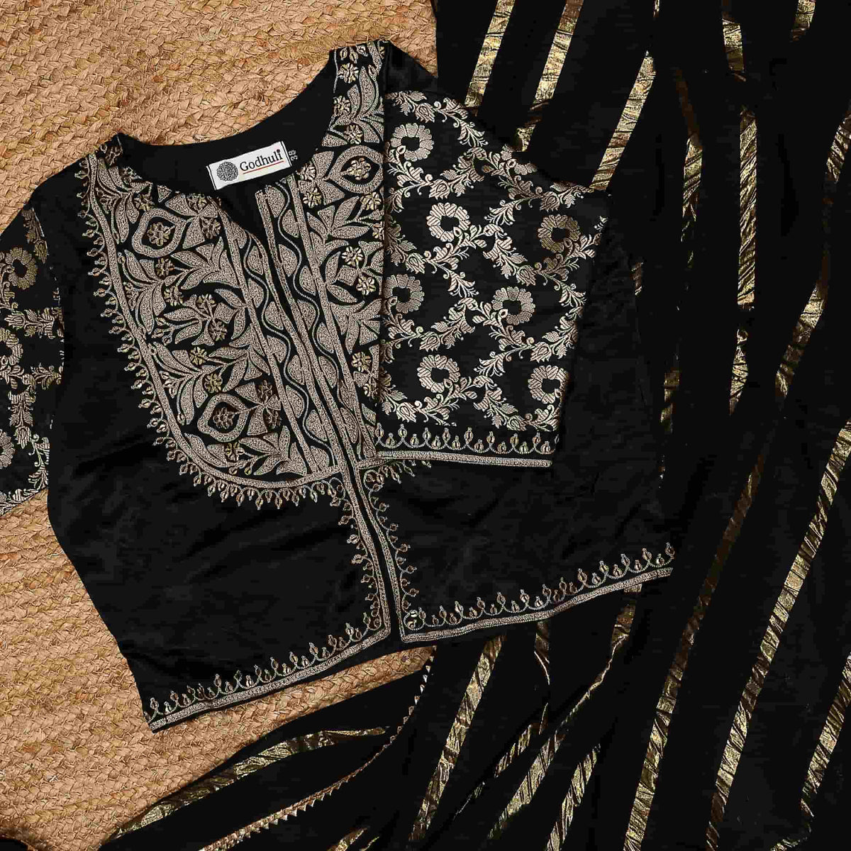 Black Gaji Silk Aari Work Readymade Blouse