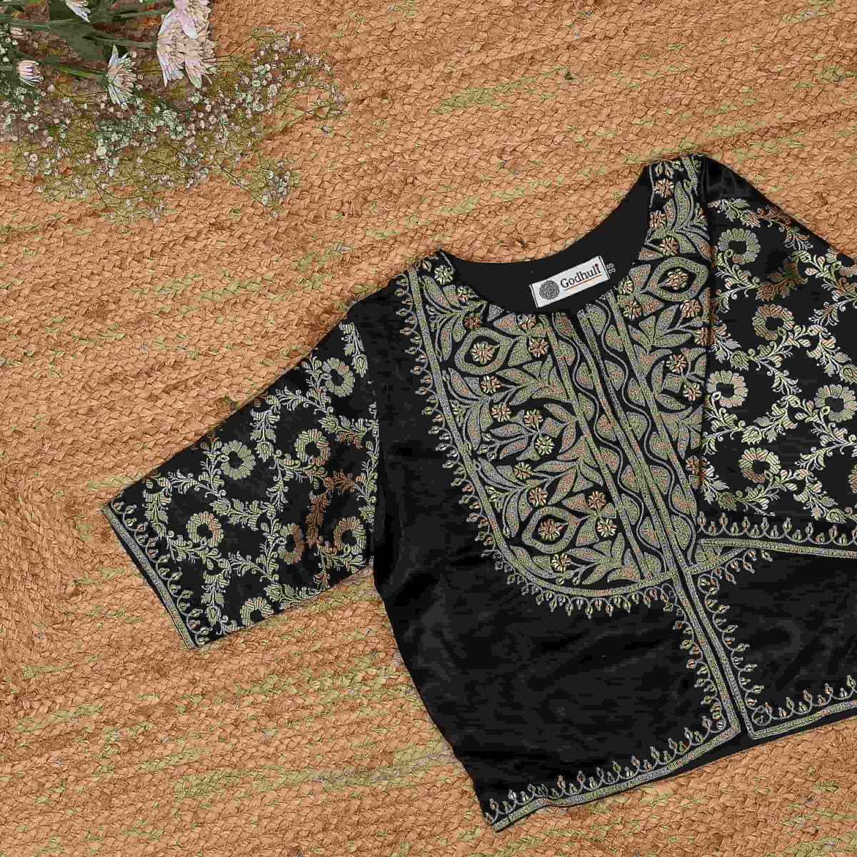 Black Gaji Silk Aari Work Readymade Blouse