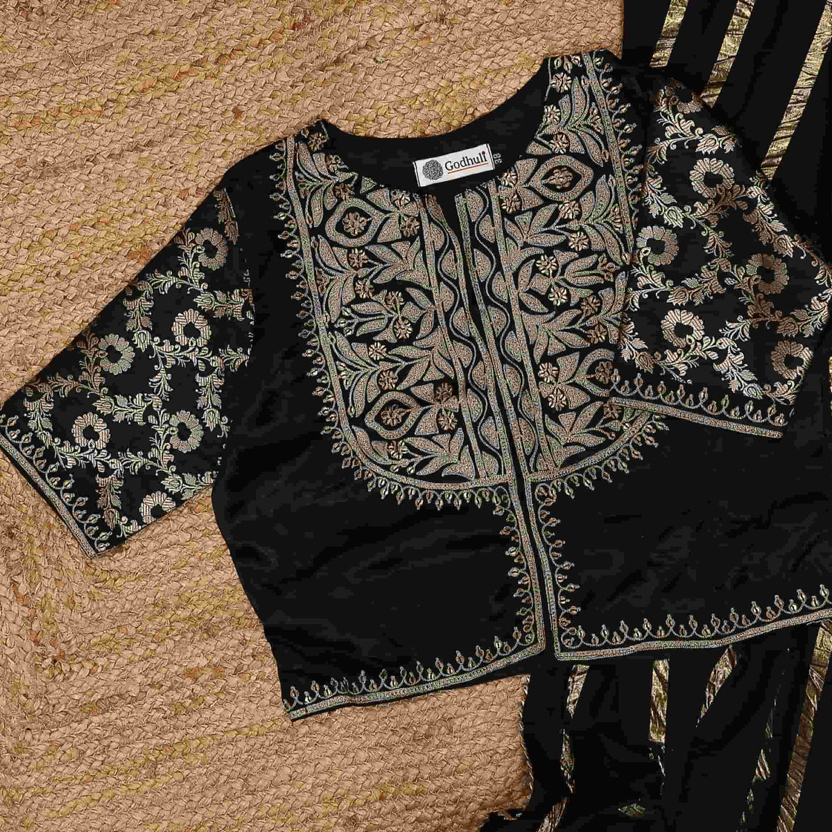 Black Gaji Silk Aari Work Readymade Blouse