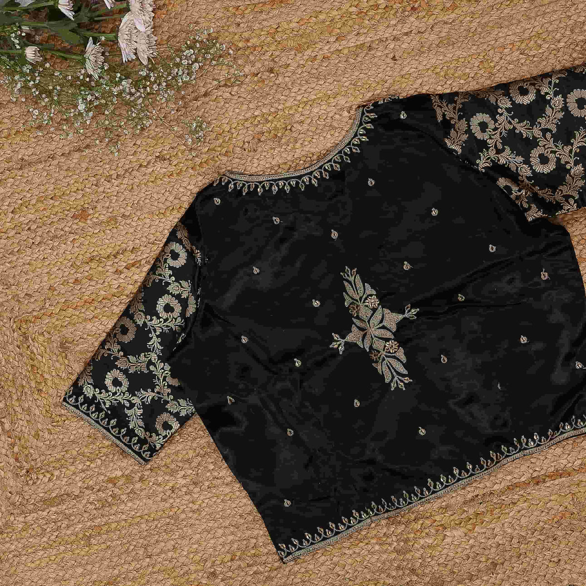 Black Gaji Silk Aari Work Readymade Blouse