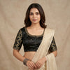 Black Gaji Silk Brocade Sleeves Aari Work Readymade Blouse | Godhuli