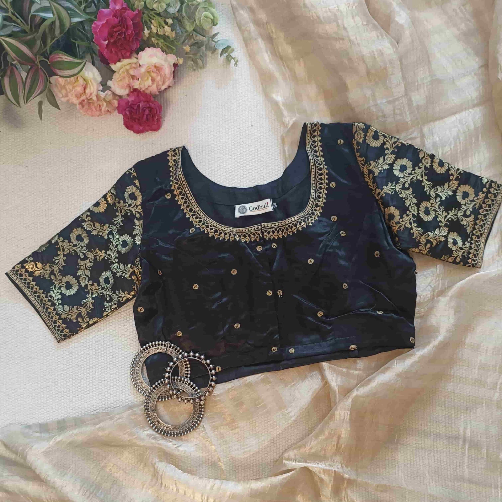Black Gaji Silk Brocade Sleeves Aari Work Readymade Blouse