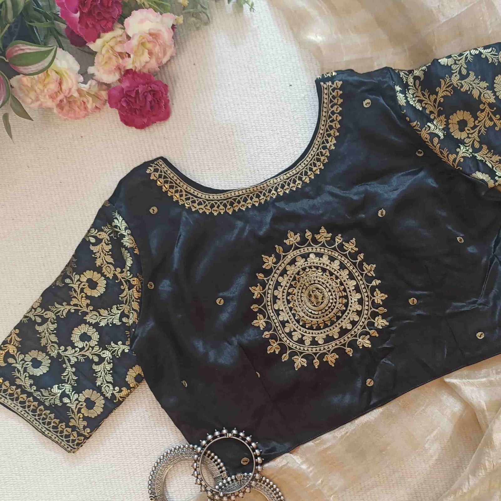 Black Gaji Silk Brocade Sleeves Aari Work Readymade Blouse