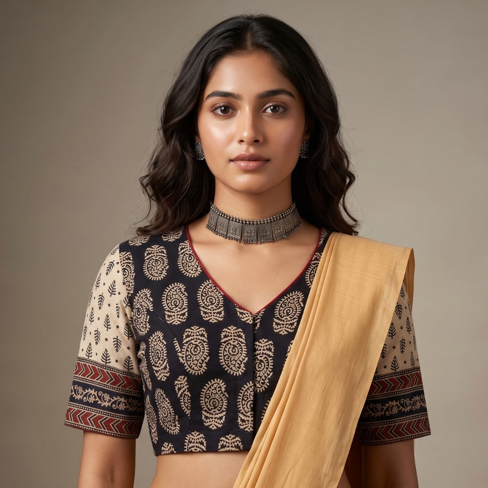 Black Gamathi Readymade Blouse with Beige Sleeves | Godhuli