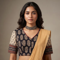 Black Gamathi Readymade Blouse with Beige Sleeves | Godhuli