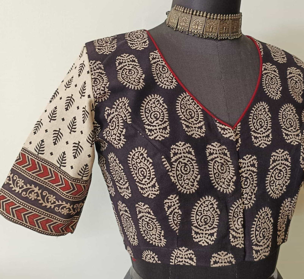 Black Gamathi Readymade Blouse with Beige Sleeves | Godhuli