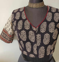 Black Gamathi Readymade Blouse with Beige Sleeves | Godhuli