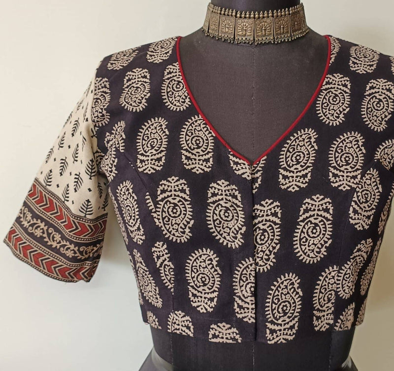 Black Gamathi Readymade Blouse with Beige Sleeves | Godhuli